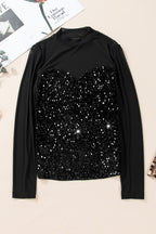 YNIQUE holiday party sequin blouse black long sleeve mock neck with sparkling sequin bust panel