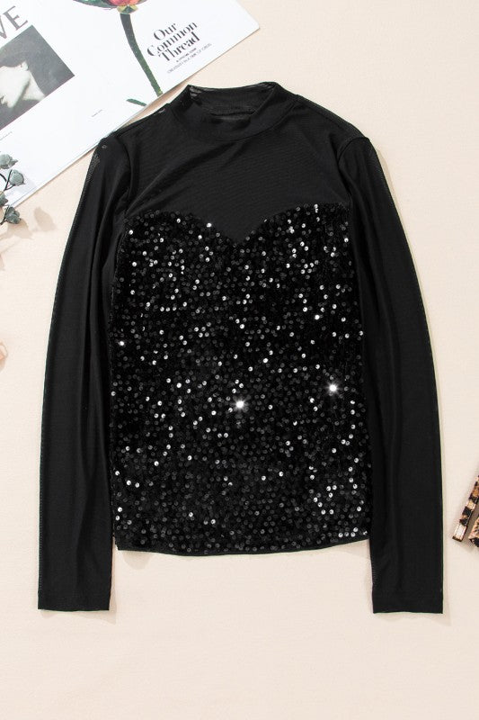 YNIQUE holiday party sequin blouse black long sleeve mock neck with sparkling sequin bust panel