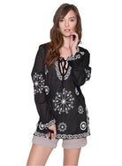 Qwasabee women's Aztec long sleeve top in black with intricate white embroidery details