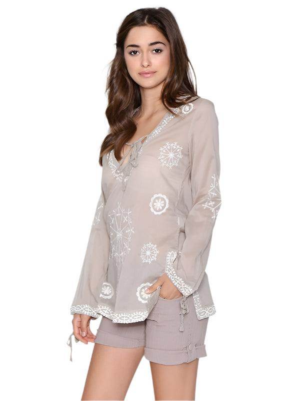 Qwasabee women's Aztec long sleeve top with intricate white embroidery and bell sleeves