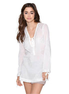 Qwasabee Aztec long sleeve top in white with lace detailing and tie neckline for a stylish look