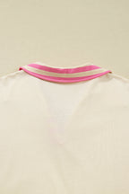 Pink Stripe Contrast Polo Collar Drop Shoulder Patchwork Plus Size Pullover