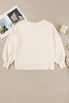 Women's ShirtsWhite Waffle knit Bishop Sleeve Split Oversized Top - VacationGrabs