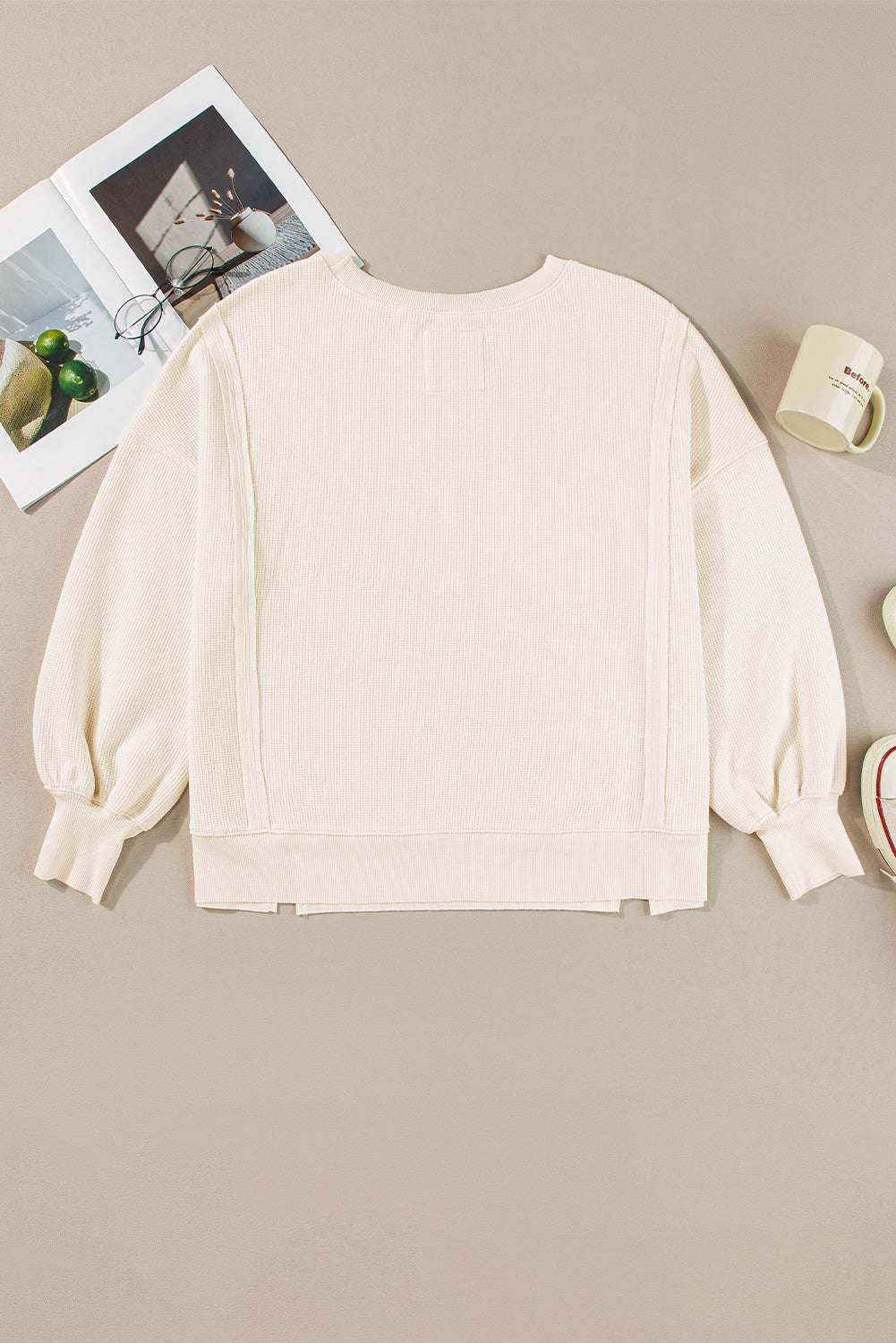 White Waffle knit Bishop Sleeve Split Oversized Top - VacationGrabs