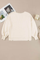 White Waffle knit Bishop Sleeve Split Oversized Top - VacationGrabs