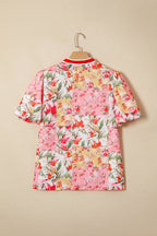 Floral Contrast Collared V-Neck Short Sleeve Blouse
