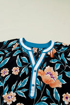 Floral Bubble Sleeve Buttoned Notch Neck Blouse