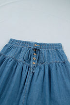 Denim Half Button Pleated Drawstring Mini Skirt