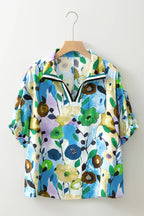 Floral Slit V-Neck Short Sleeve Blouse