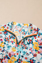 Floral Slit V-Neck Short Sleeve Blouse