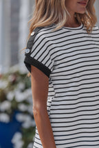 Stripe Buttoned Shoulder Cuffed Short Sleeve Tee
