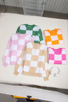 Women's SweatersOrange Checkered Bishop Sleeve Sweater - VacationGrabs