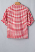 Gingham Plaid Colorblock Trim Split Neck Blouse