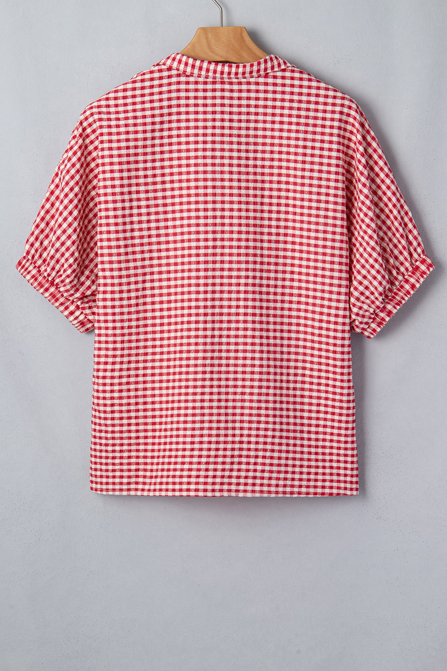 Gingham Plaid Colorblock Trim Split Neck Blouse