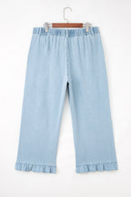 Plus Size Denim Elastic Waist Ruffle Wide Leg Pants