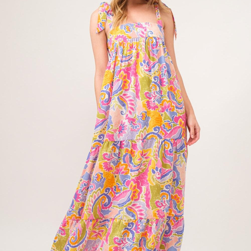 Women's Dresses And The Why Full Size Printed Tie Shoulder Tiered Maxi Dress