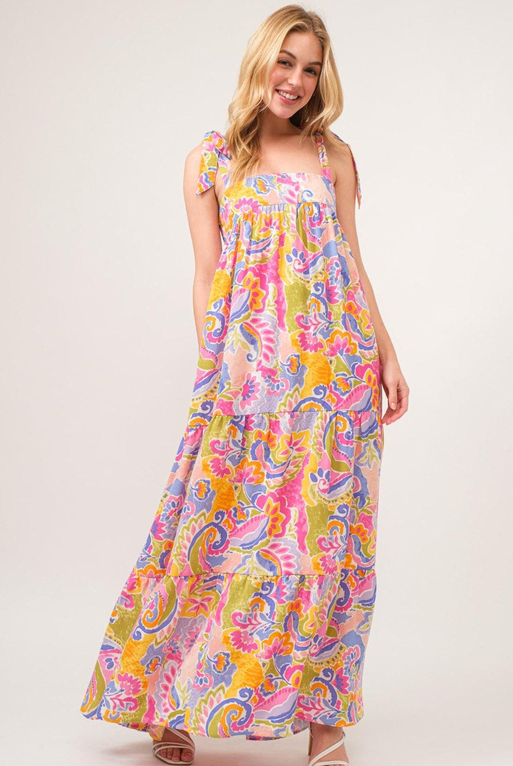 Women's Dresses And The Why Full Size Printed Tie Shoulder Tiered Maxi Dress