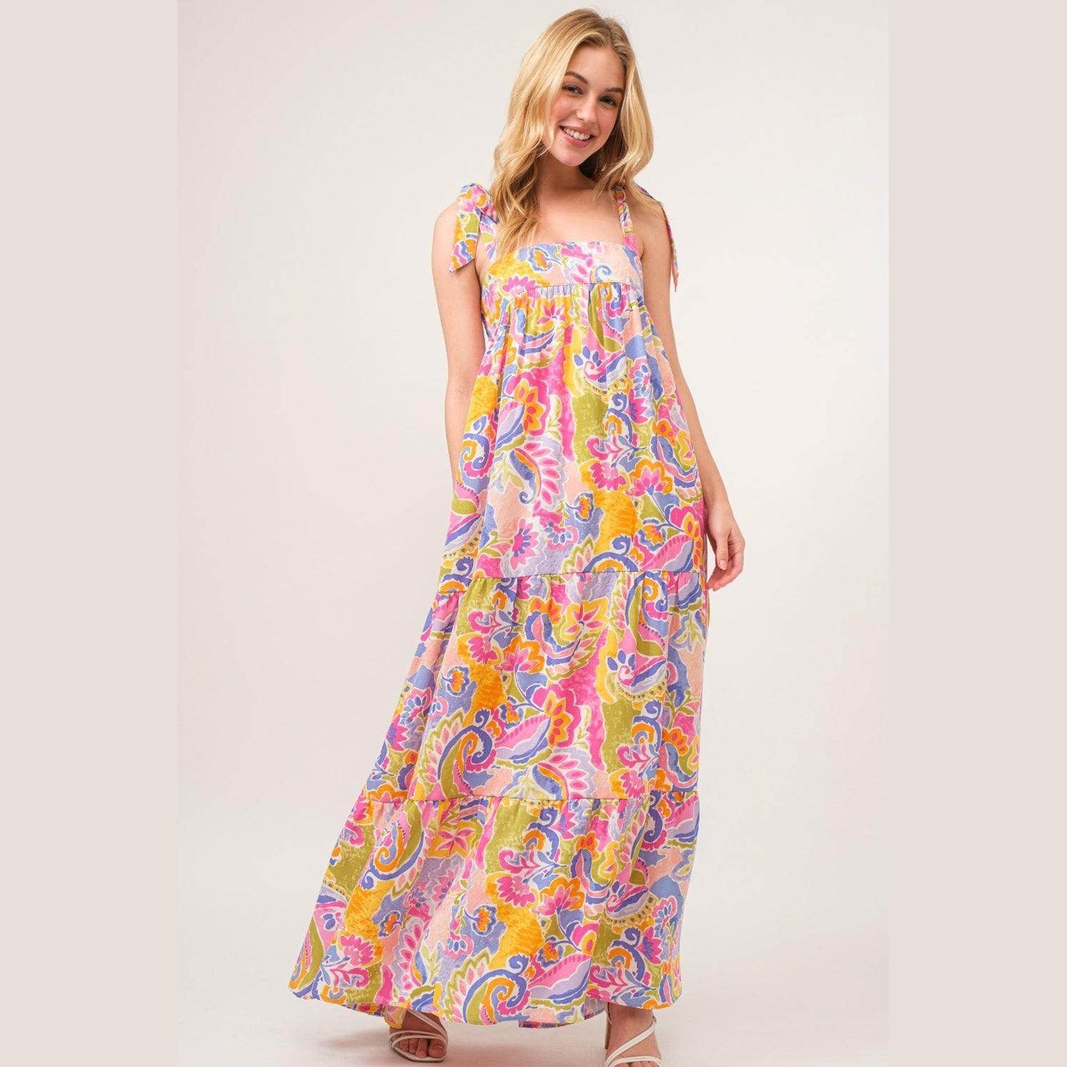 And The Why Full Size Printed Tie Shoulder Tiered Maxi - VacationGrabs