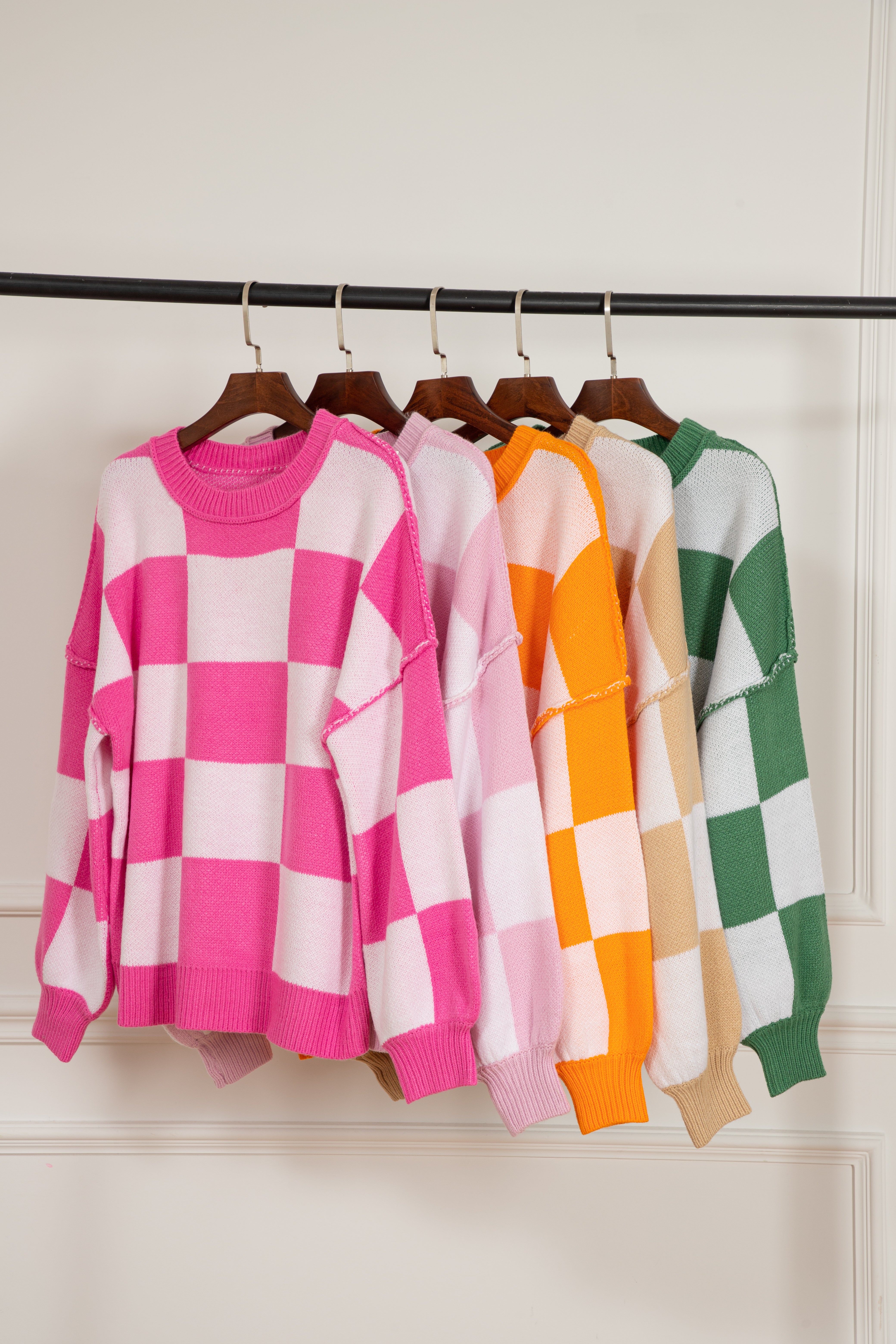 Women's SweatersPink Checkered Bishop Sleeve Sweater - VacationGrabs