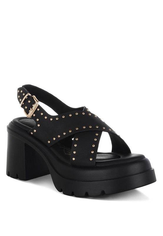 Nambo Stud Embellished Block Heel Sandals - VacationGrabs