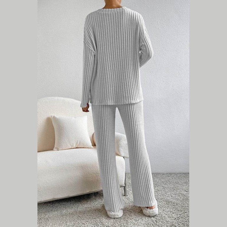 Women Ribbed Knit V Neck Slouchy Two-piece Outfit - VacationGrabs