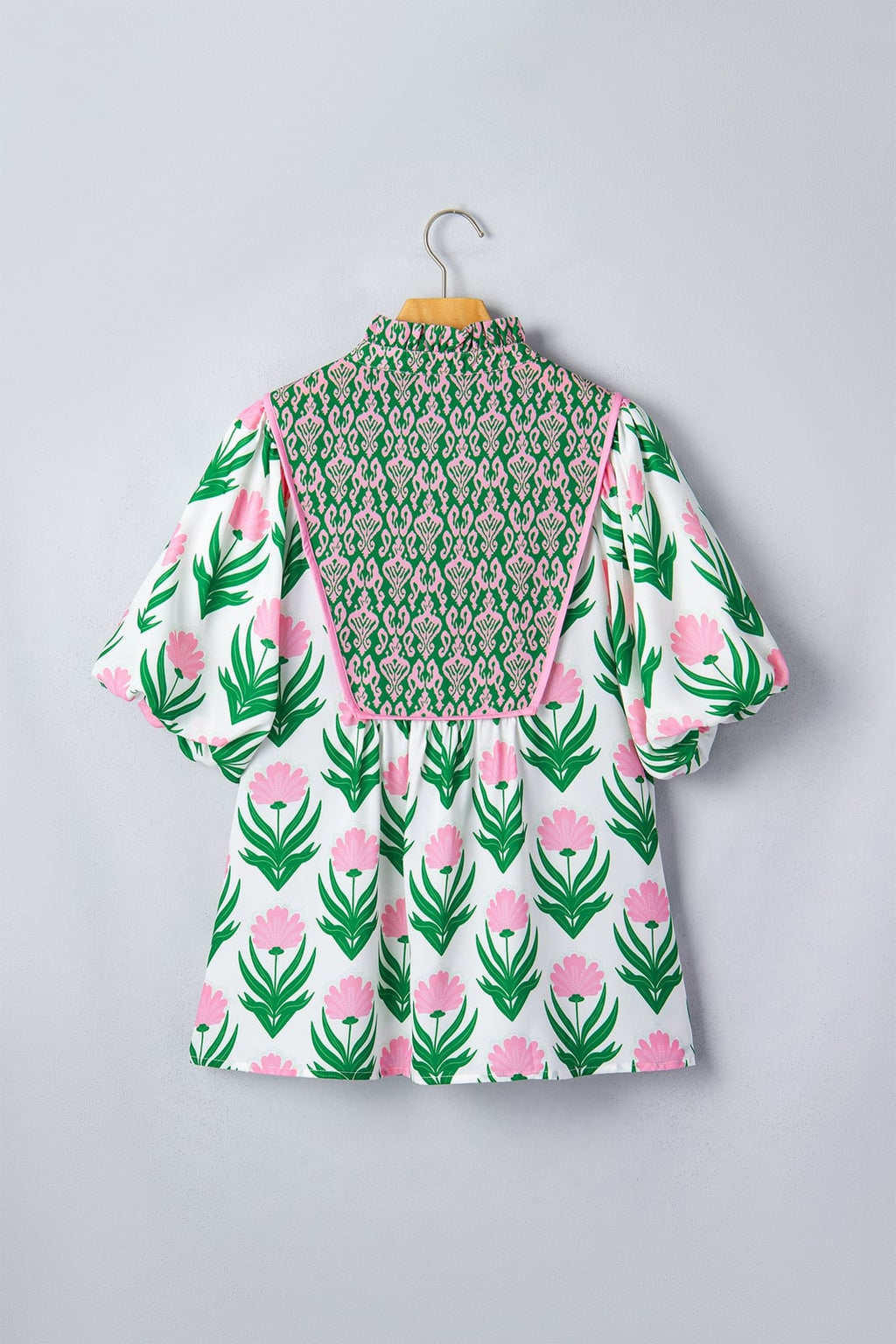 Floral Puff Sleeve Contrast V-Neck Blouse