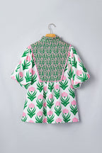 Floral Puff Sleeve Contrast V-Neck Blouse