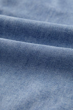 Solid Denim Pleated Bow Tie Puff Sleeve Top