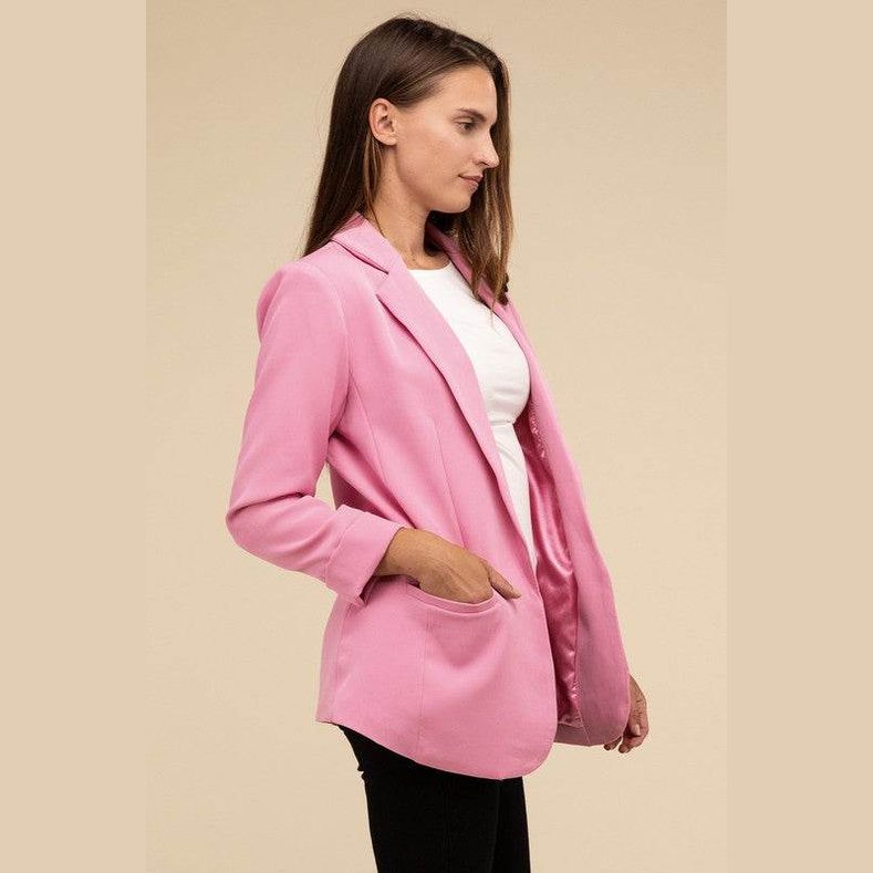 Woven Long Sleeve Open Front Classic Blazer - VacationGrabs