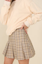 Women's SkirtsBeige Check Plaid Pleated Mini Skirt - VacationGrabs