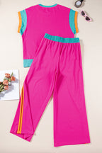 Colorblock Short Sleeve Top & Wide Leg Pants Set