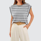 Striped Round Neck Cap Sleeve T-Shirt - VacationGrabs