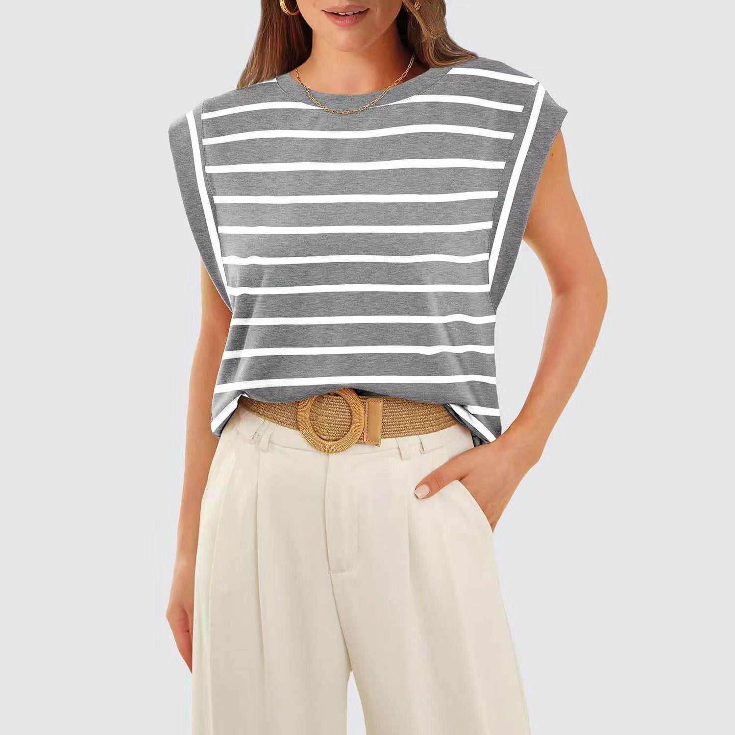 Striped Round Neck Cap Sleeve T-Shirt - VacationGrabs