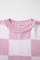 Women's SweatersPink Checkered Bishop Sleeve Sweater - VacationGrabs