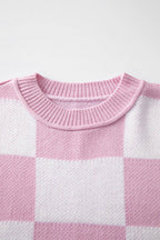 Pink Checkered Bishop Sleeve Sweater - VacationGrabs