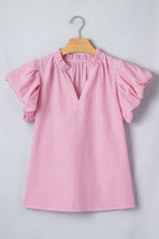 Stripe Short Bubble Sleeve Split V-Neck Blouse