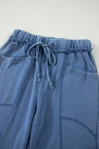Solid Mineral Wash Drawstring Wide Leg Pants