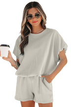 Solid Puff Sleeve Top & Drawstring Shorts Set