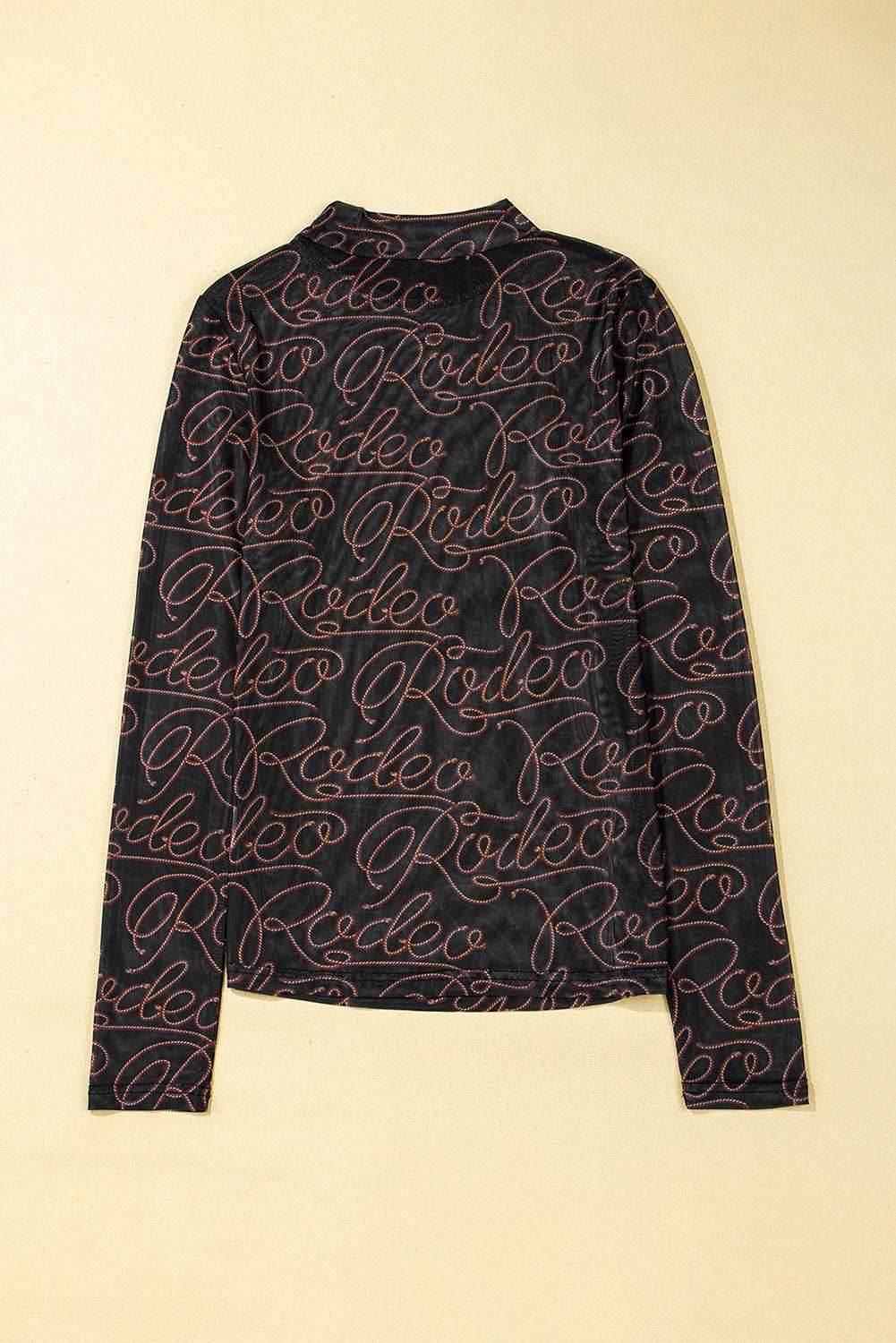 Black Western Rodeo Printed Mock Neck Long Sleeve Mesh Top - VacationGrabs