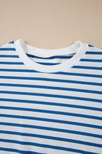 JUNIPER BLVD striped drop shoulder sweatshirt in blue and white with a classic crew neck design