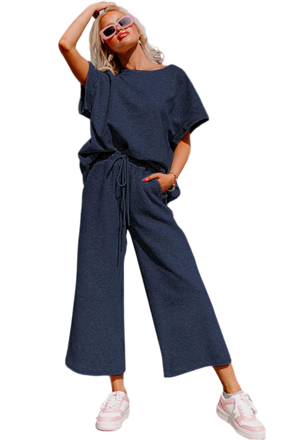 Women's Outfits & SetsNavy Blue Textured Loose Fit T Shirt and Drawstring Pants - VacationGrabs