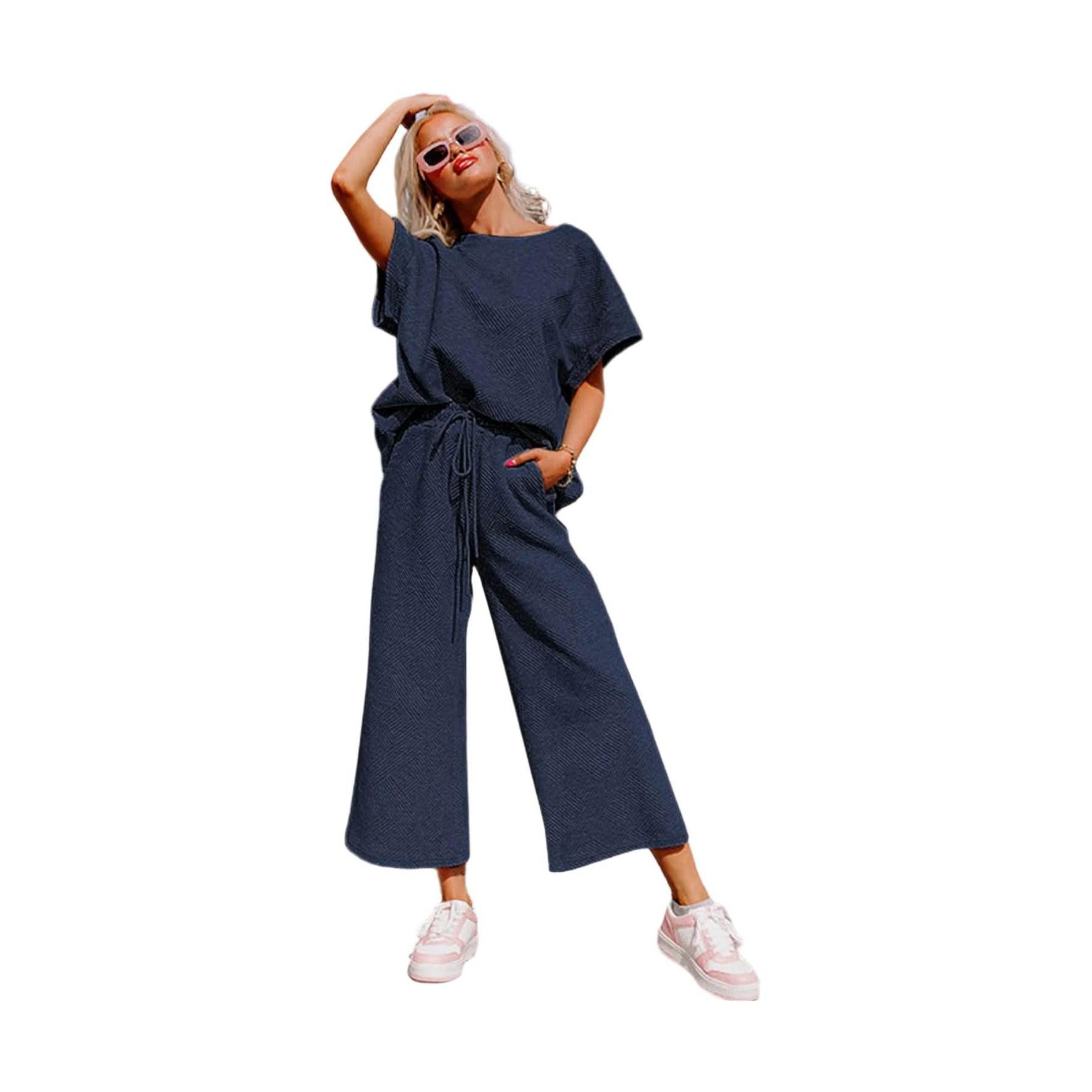 Navy Blue Textured Loose Fit T Shirt and Drawstring Pants Set - VacationGrabs