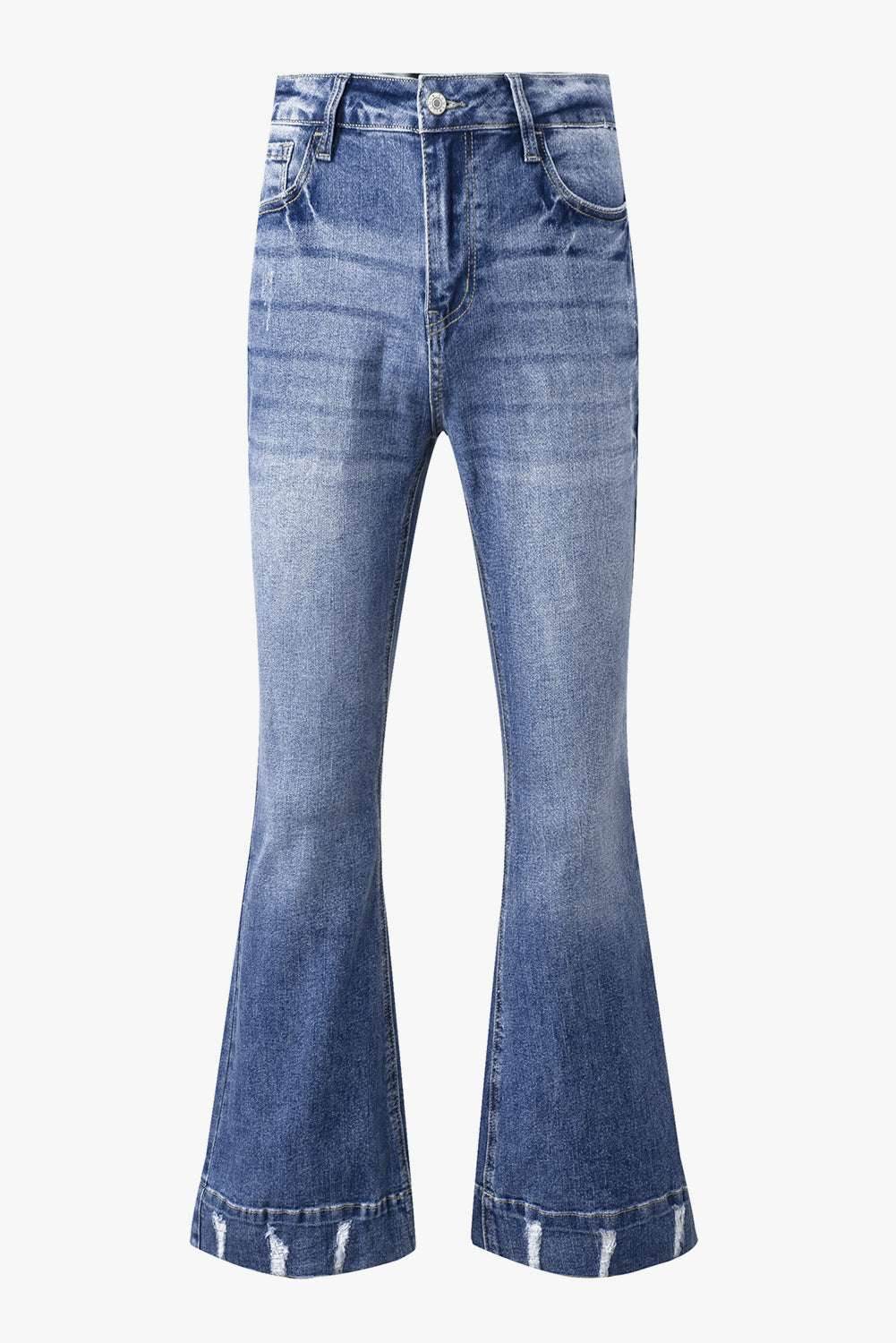Sky Blue Slight Distressed Medium Wash Flare Jeans - VacationGrabs