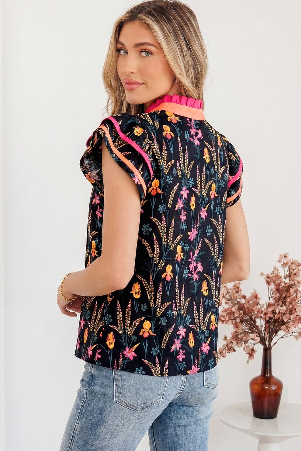 Floral Contrast Trim Tiered Ruffle Short Sleeve Blouse
