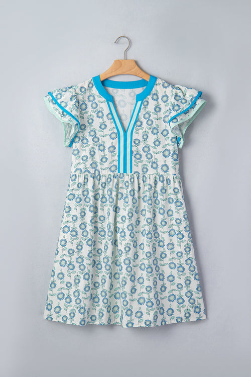 Floral Contrast Trim V-Neck Flutter Sleeve Mini Dress