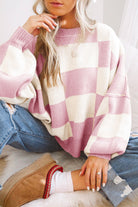 Women's SweatersPink Checkered Bishop Sleeve Sweater - VacationGrabs