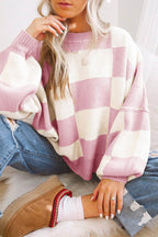 Pink Checkered Bishop Sleeve Sweater - VacationGrabs