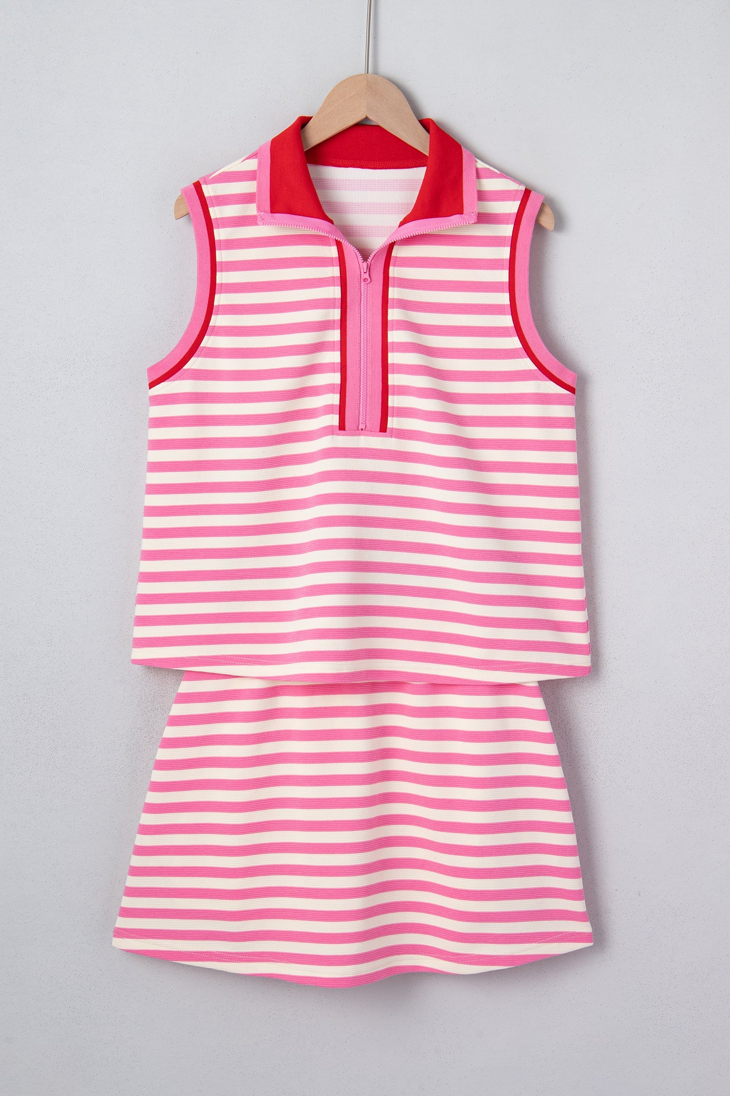 Stripe Textured Zip Collar Top & Skort Set