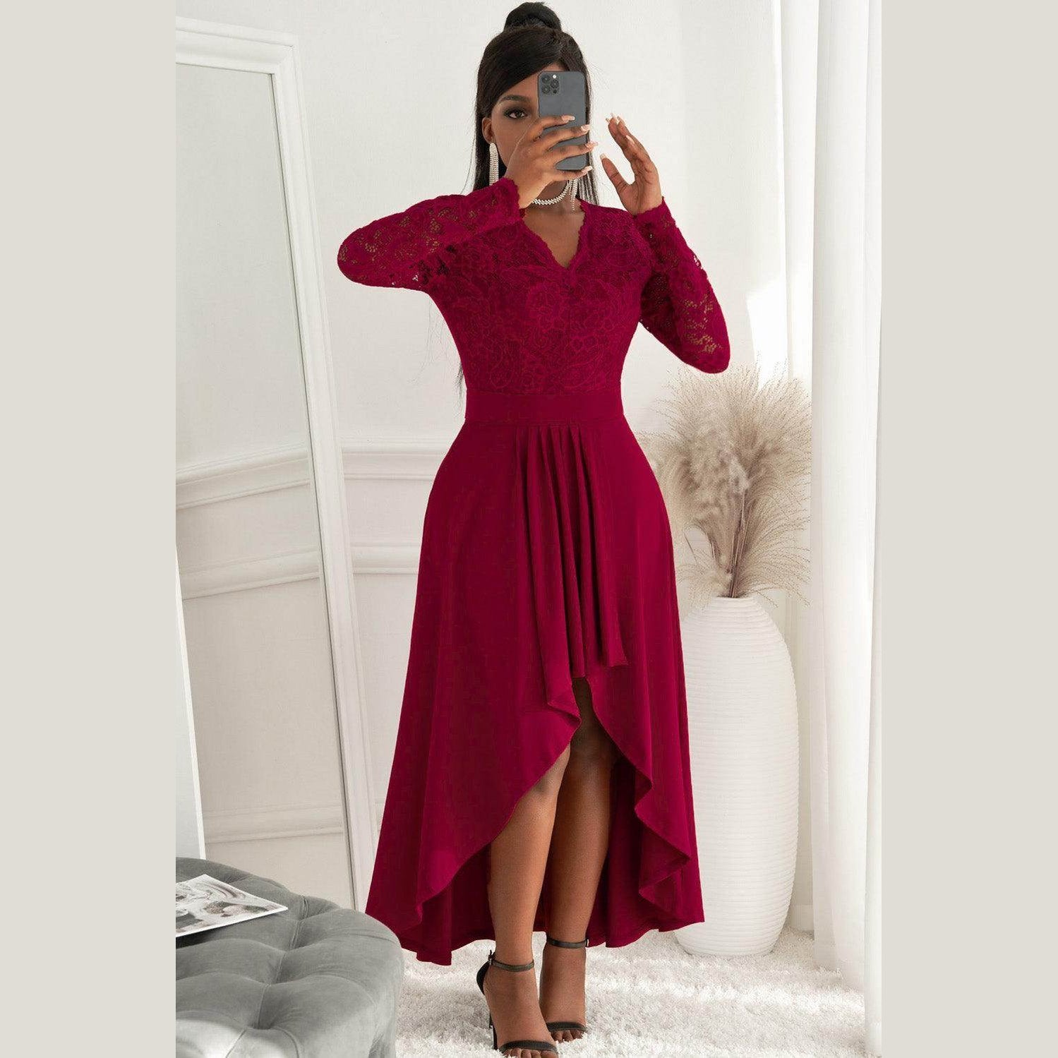 Lace High-Low V-Neck Dress - VacationGrabs