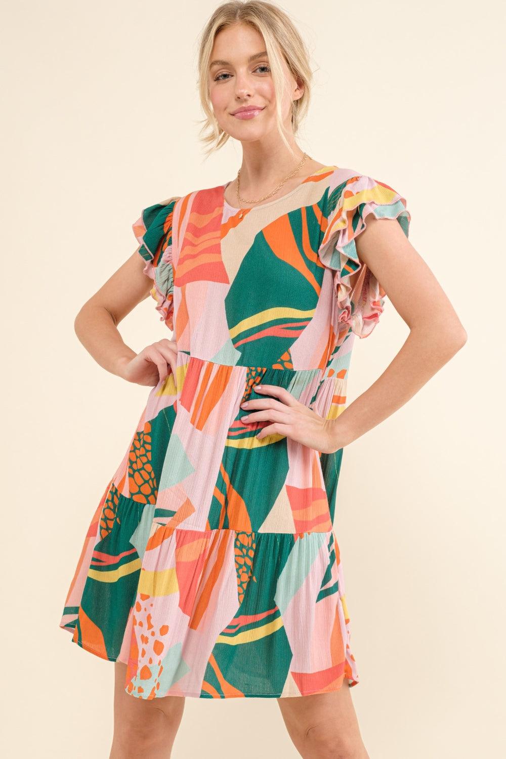 Women's Dresses And The Why Printed Double Ruffle Sleeve Dress